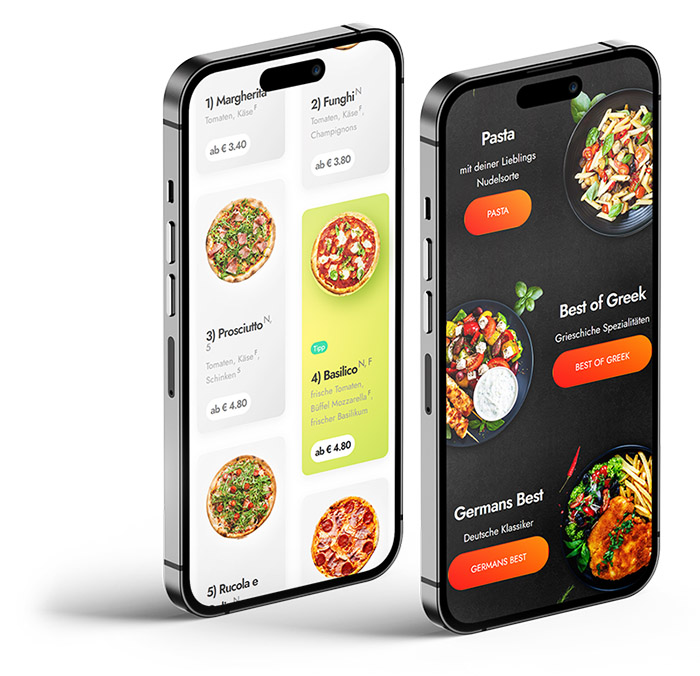 Zwei Smartphones mit eCaupo Shop-Apps: Speisekarte und Kategorien eines Liefershops